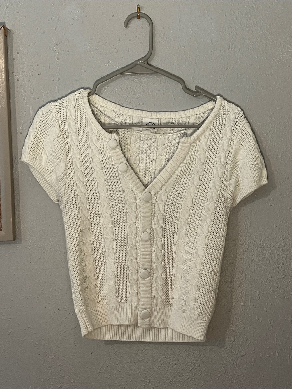 Short Cable-Knit Button Front Sweater - White